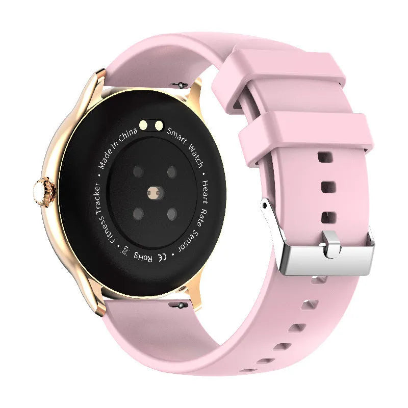 Black Bluetooth smartwatch with a circular 1.28-inch screen on a silicone strap for health monitoring.