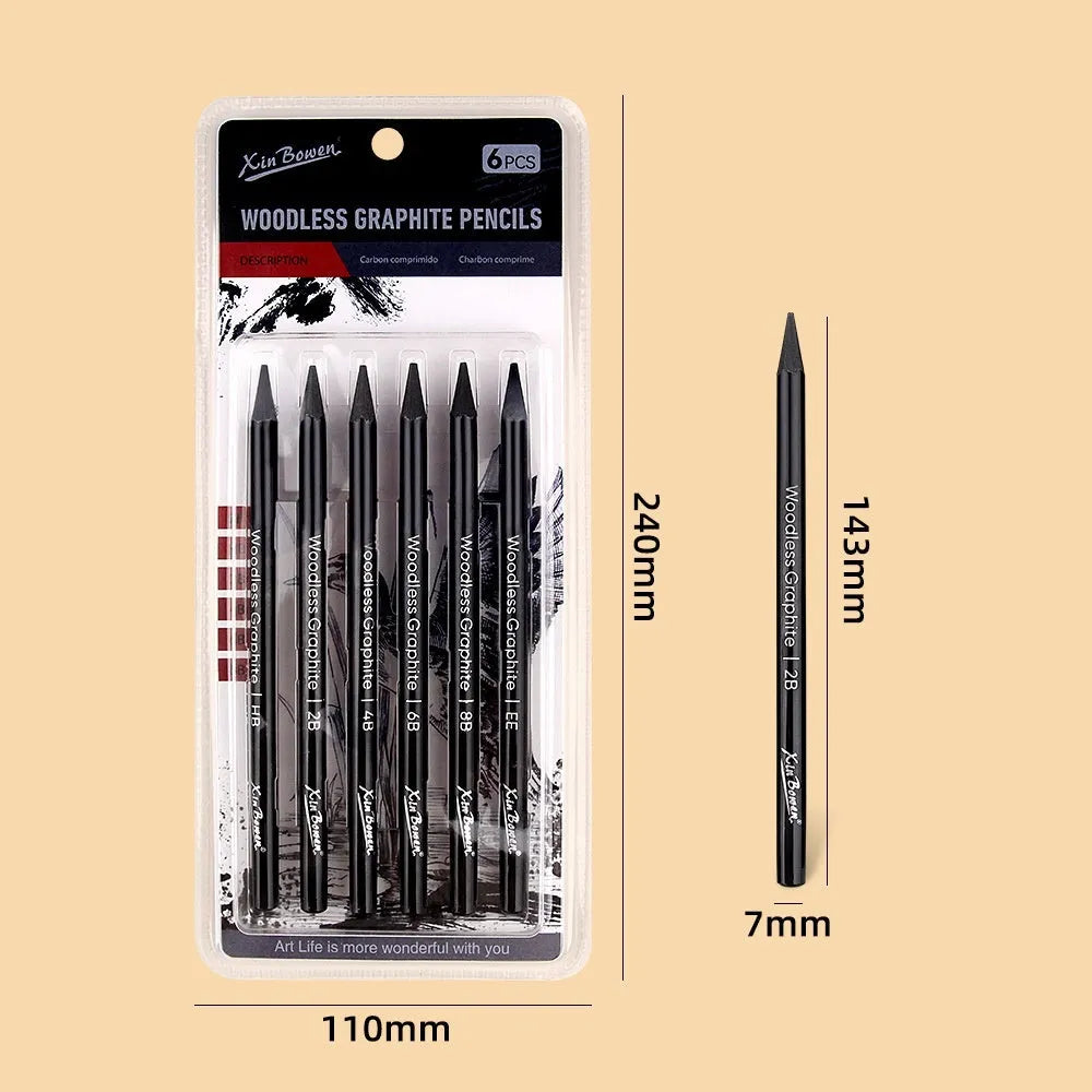 Set of six wood-free graphite sketching pencils in grades HB, 2B, 4B, 6B, 8B, and EE for art drawing.