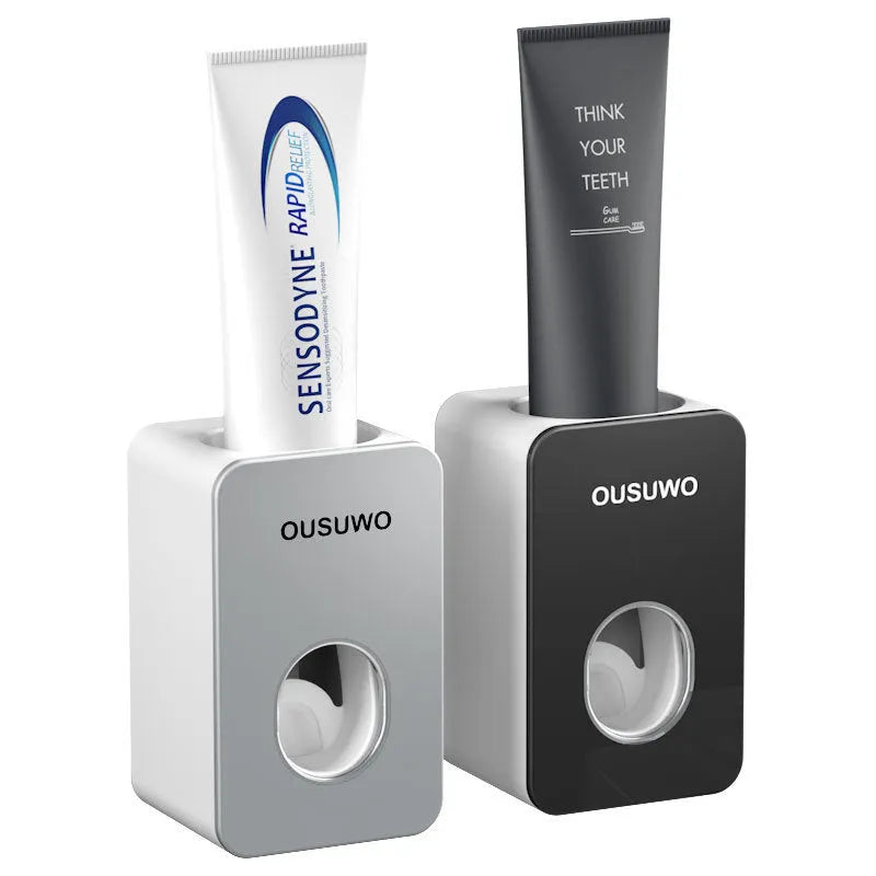 Automatic toothpaste dispenser wall-mounted punch-free in black, hands-free toothpaste squeezer for bathroom use