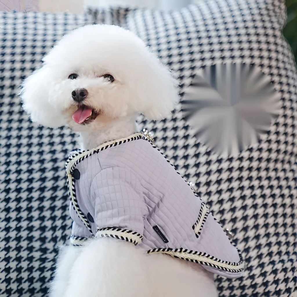 Cartoon-style quilted dog coat in light purple colour on mannequin