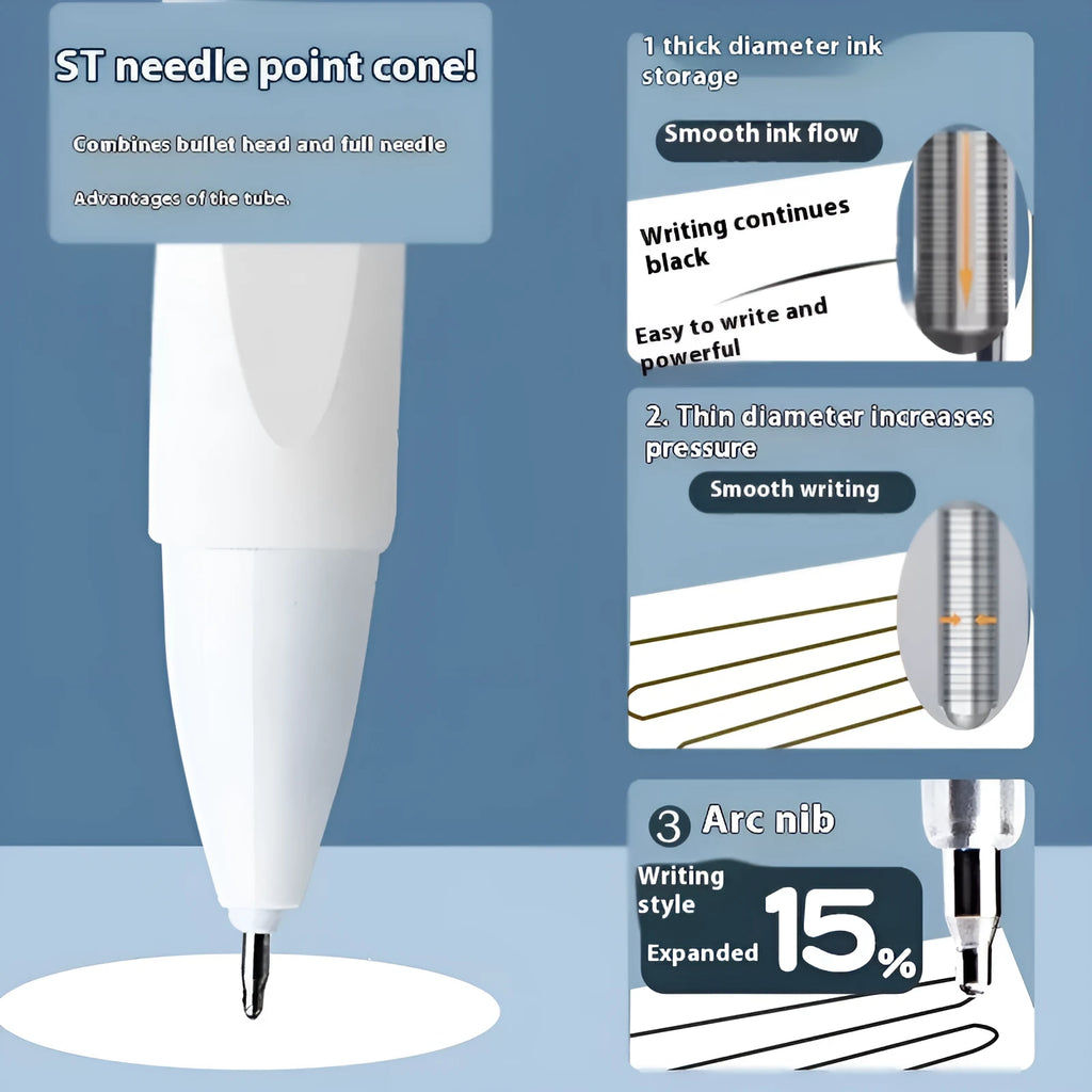 A pack of 10 quick-drying pen refills in black, red, blue, and ink blue colours.