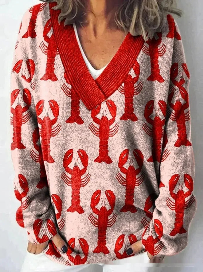 Women's V-neck long sleeve sweatshirt with a textured 3D floral print pattern in a retro style.