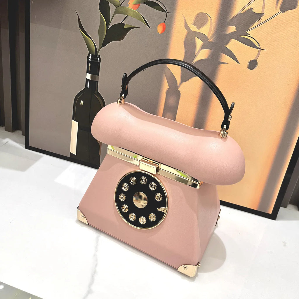 Women's landline phone-shaped handbag in PU with hard shell, retro style, three-dimensional pocket, available in colours