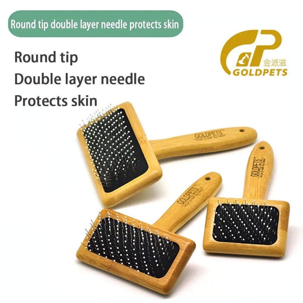 Goldpets bamboo pet grooming slicker brush with stainless steel pins on wooden handle
