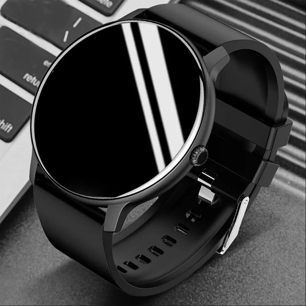 Black Bluetooth smartwatch with a circular 1.28-inch screen on a silicone strap for health monitoring.