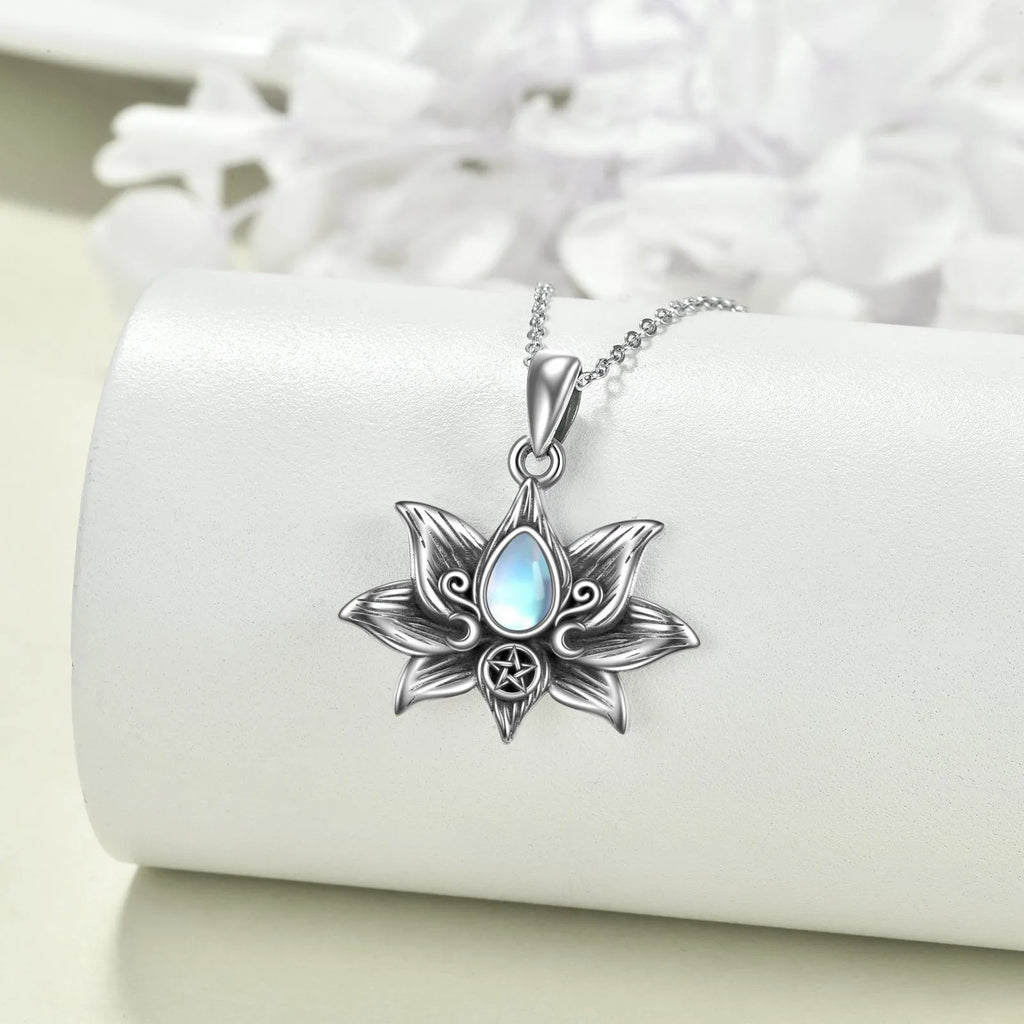 Sterling silver moonstone teardrop lotus flower pendant necklace on 18-inch O-chain