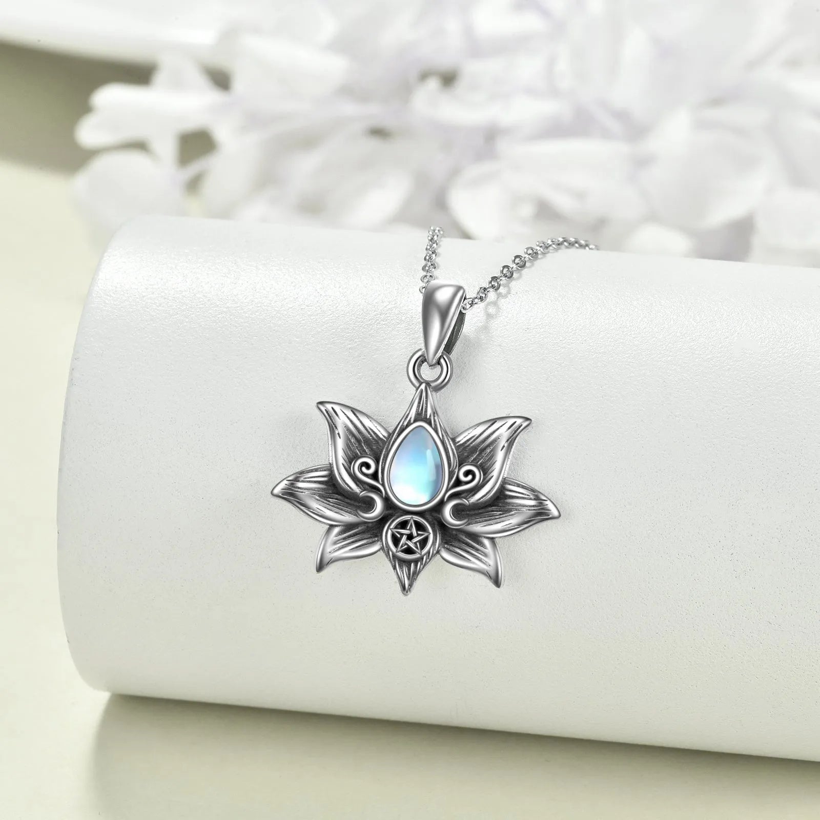 Sterling silver moonstone teardrop lotus flower pendant necklace on 18-inch O-chain