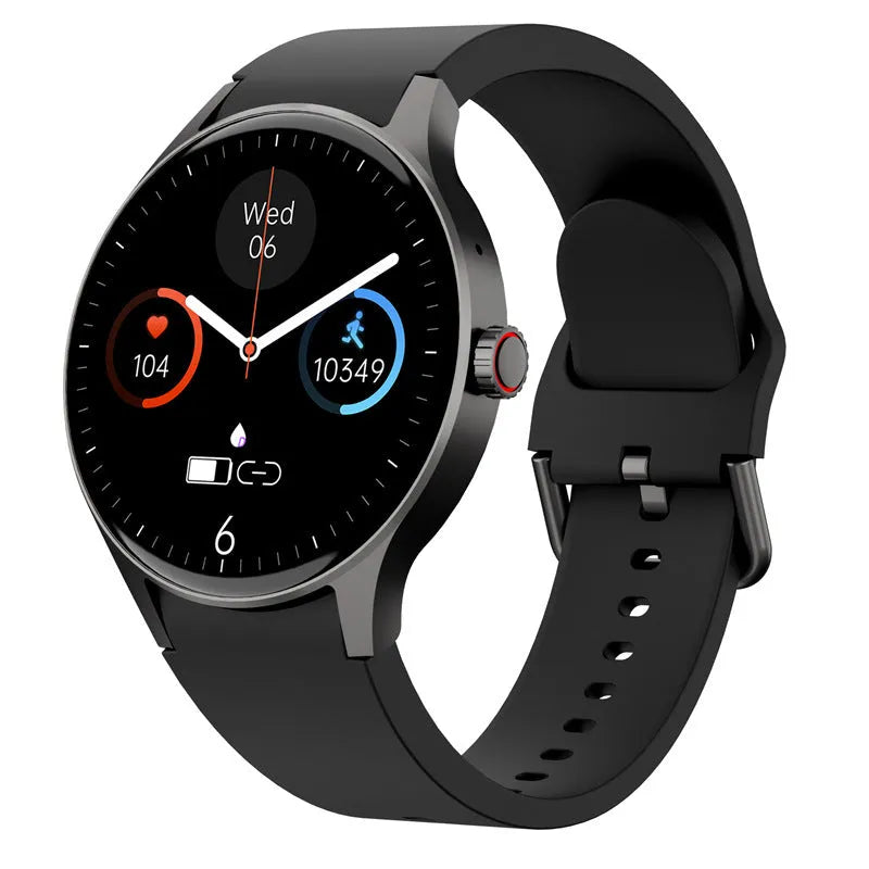 Black Bluetooth sport watch with 1.43-inch round screen on a wrist, showing a fitness app display.