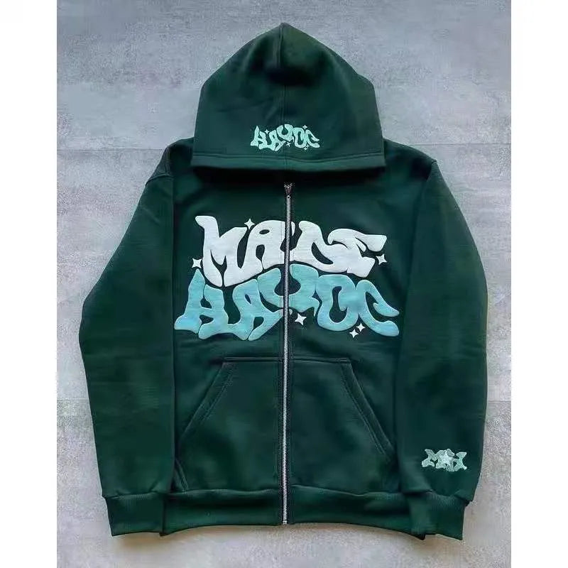 Cartoon camouflage print stitching zipper hoodie sweatshirt for teenagers in black, loose fit, long sleeves, hemp blend fabric