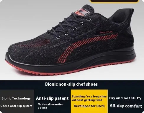 Men's grey anti-slip lace-up trainers with mesh upper for kitchen and workshop use.