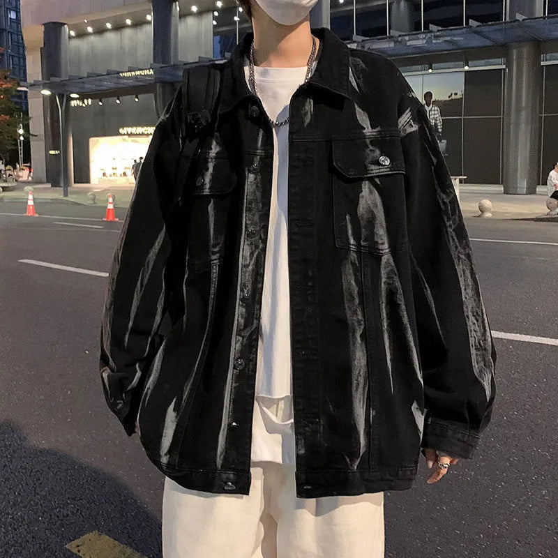 Men's loose-fit tie-dye denim coat in gray with side pockets, autumn style, Hong Kong influence
