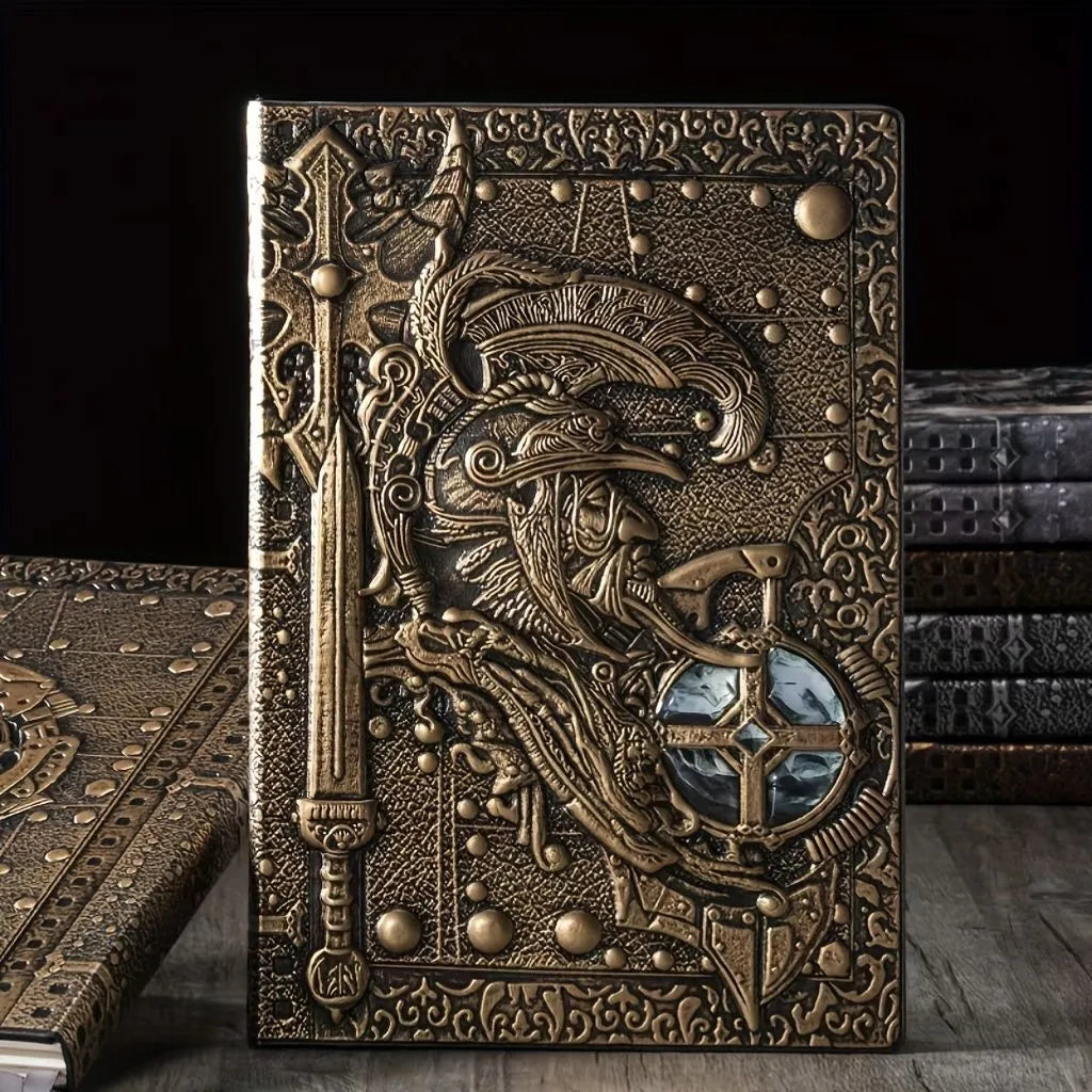 Creative retro A5 leather notebook with embossed 3D warriors relief design, shown open.