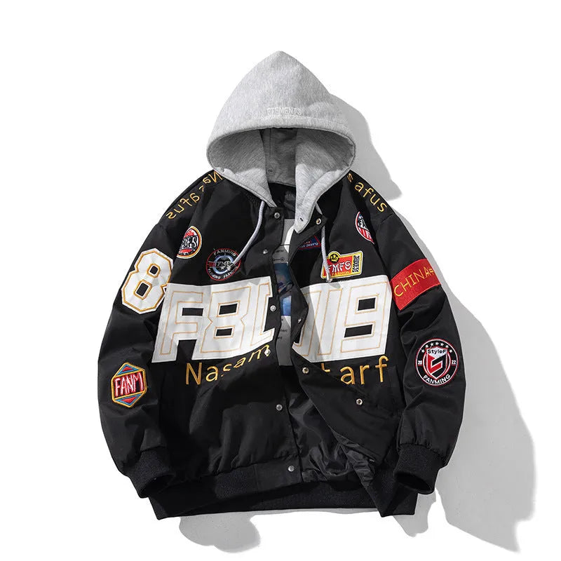 Black loose-fit motorcycle baseball jacket with detachable hood on a hanger