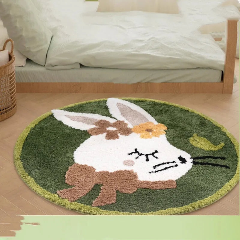 Round rabbit carpet for children's room in polyester, available in 80cm, 100cm or 150cm diameter