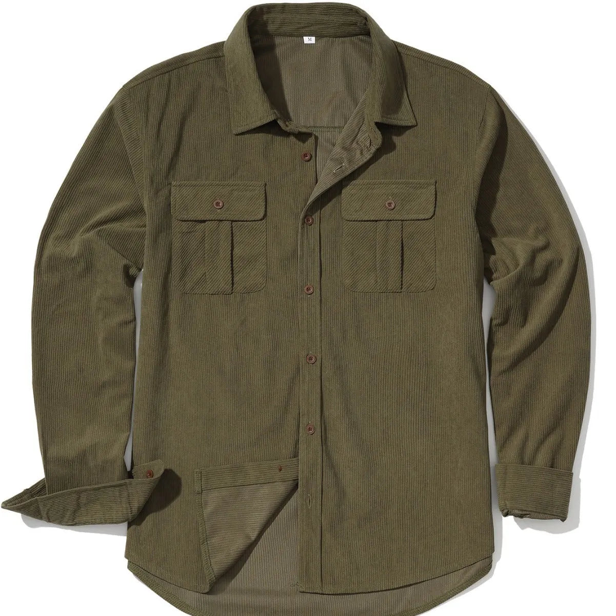 Men's loose-fit corduroy shirt in Japanese retro style, shown in Army Green colour.