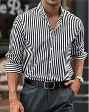 Men's loose fit striped casual button-up shirt in polyester fabric