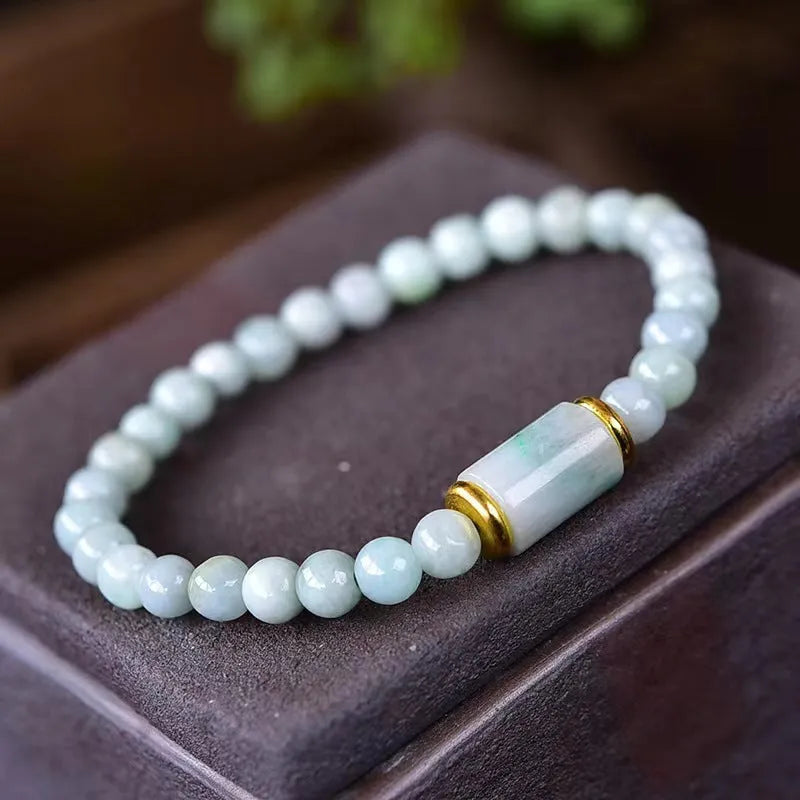 Natural Myanmar jade bracelet with round emerald ice jade beads in ethnic geometric design
