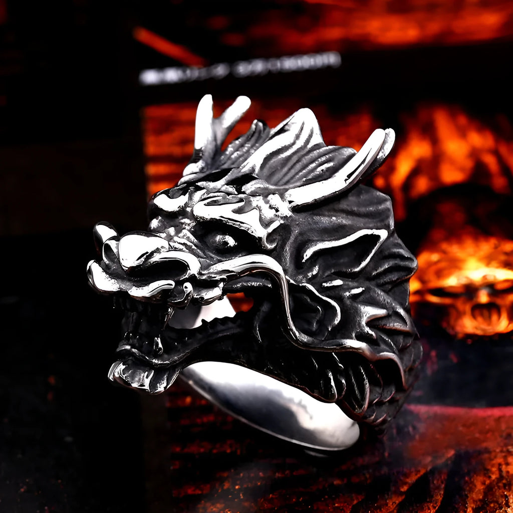 Men's stainless steel dragon ring with embossed dragon motif, sizes No.7 to No.13