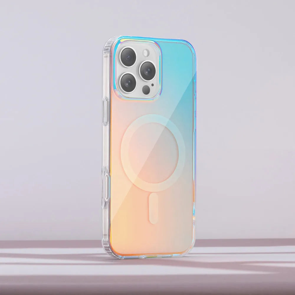 Glossy chameleon colour-changing magnetic suction case for iPhone on a white background.