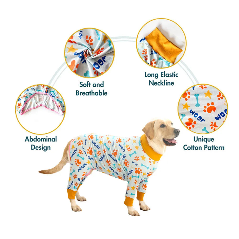 Cotton four-legged dog jumpsuit with colourful print pattern on small dog