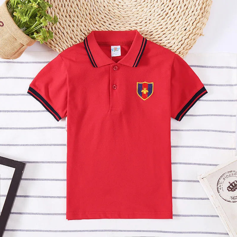 Boys' short sleeve cotton T-shirt with lapel collar in solid colours for ages 3-8 years