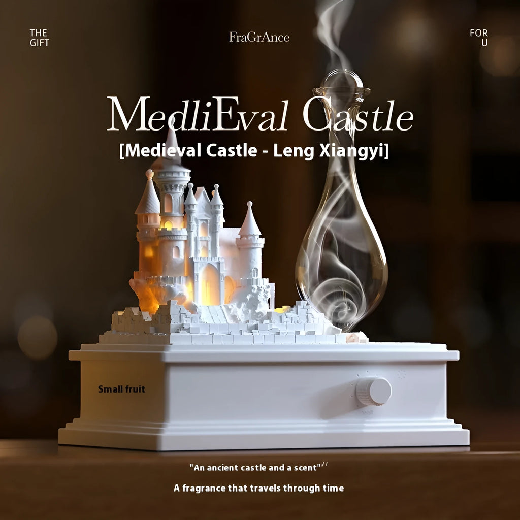 White Medieval Castle ornament aromatherapy machine with ambient light, showing size and detail.