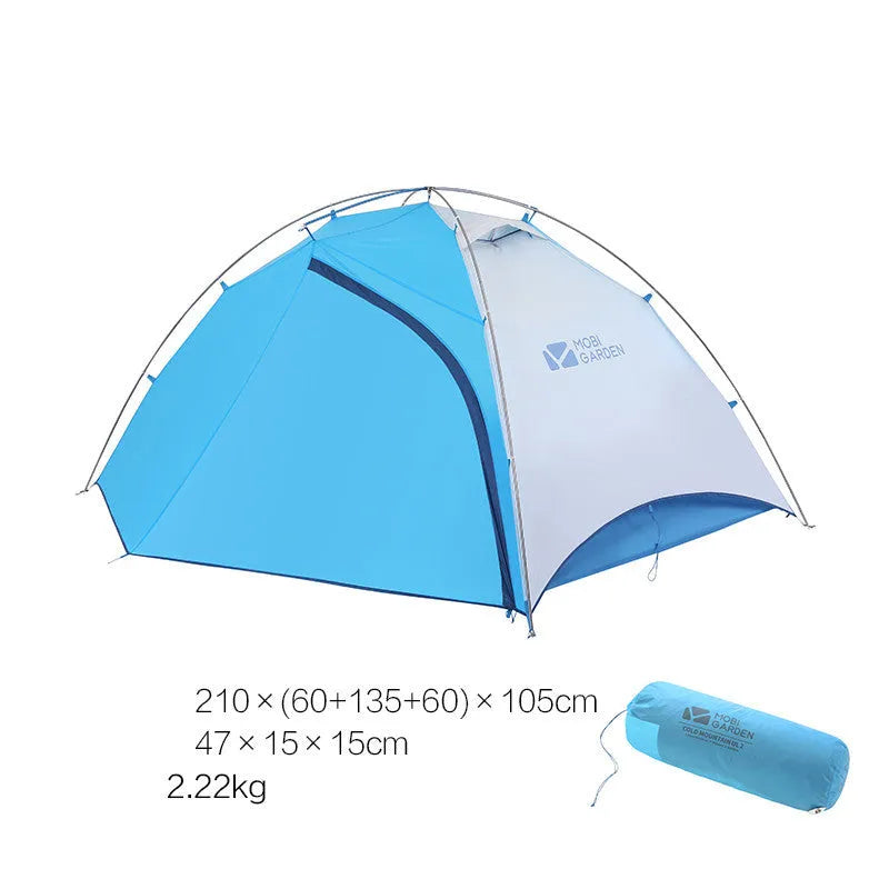 Double deck aluminum alloy camping tent in green, pitched outdoors with flysheet and aluminium poles visible