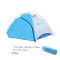 Double deck aluminum alloy camping tent in green, pitched outdoors with flysheet and aluminium poles visible