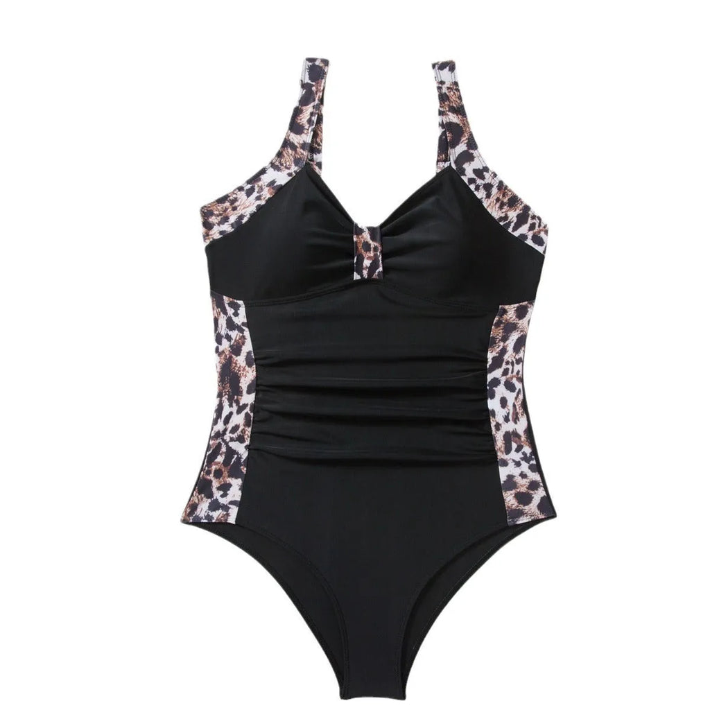 Women's one-piece swimsuit in leopard print with green contrast colour, polyester fabric, available in sizes S to XL