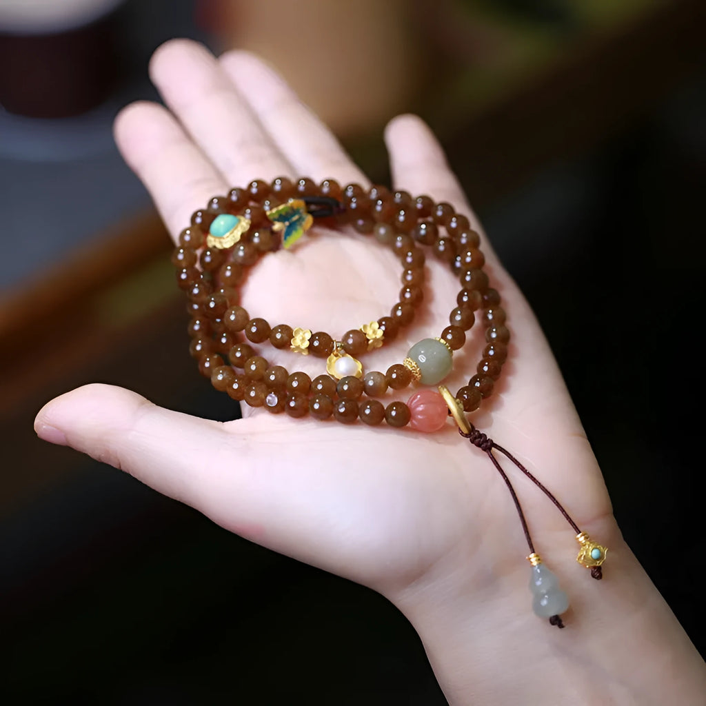 Brown jade Hetian jade three-ring bracelet with silver plated details for 14-16 cm wrists.