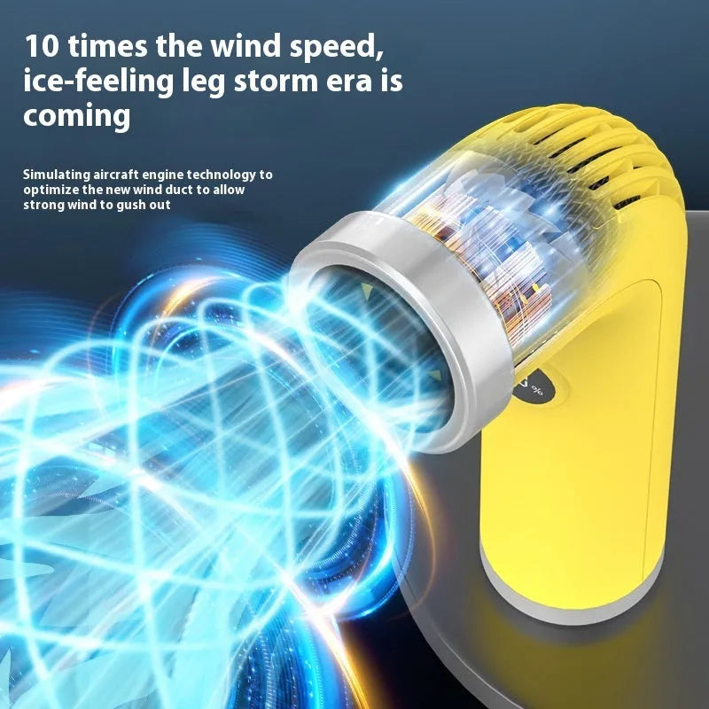 A small bladeless desk fan in apricot colour with a lithium battery base.