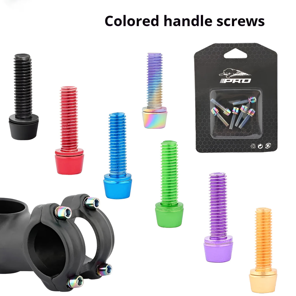 Six stainless steel mountain bike handlebar riser screws in seven colour options including black, blue, red, green, purple, gold, and colourful