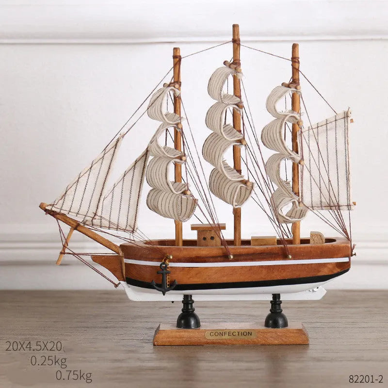 Wooden sailboat decoration in blue on a shelf, 20CM size from the craft display range