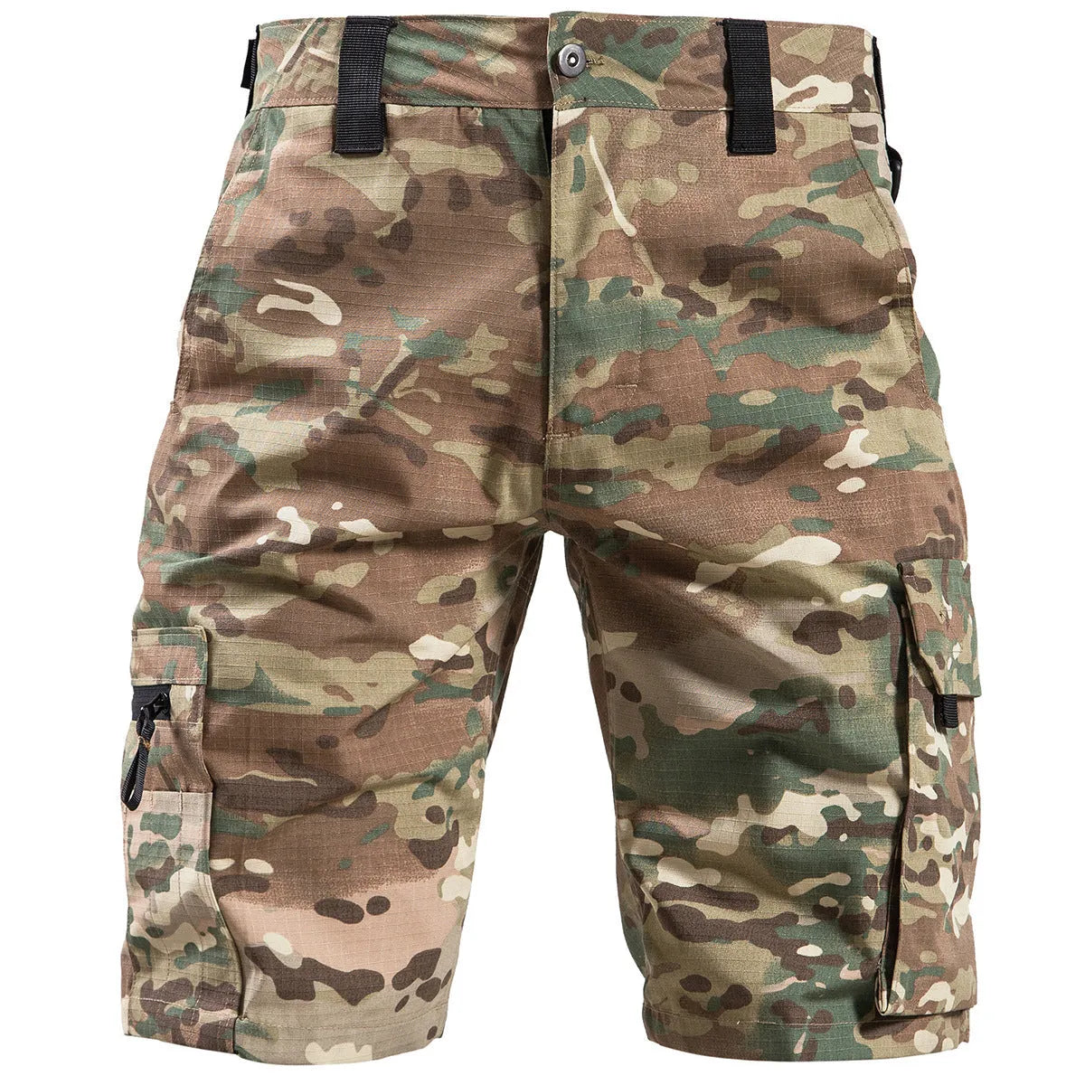 Man wearing army green straight-leg tactical cargo shorts made from acetate fibre for summer.