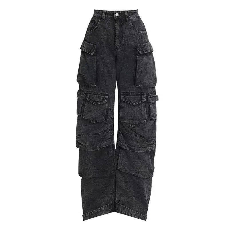 Women's high waist wide leg tie-dyed jeans with multi-pocket street hipster styling in cotton denim