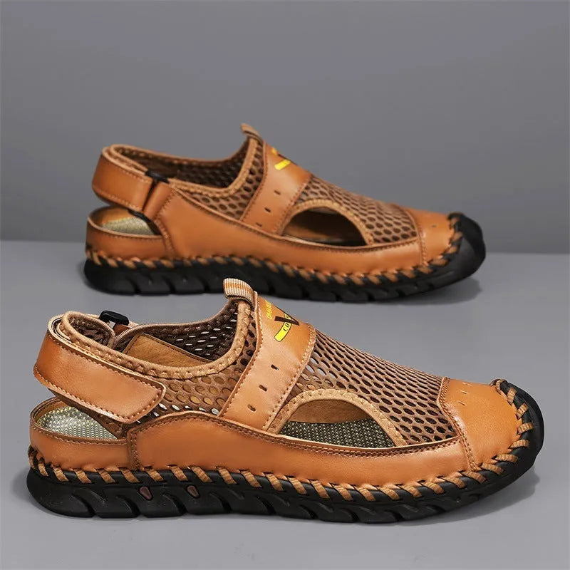 Men's brown genuine leather casual shoes with mesh breathable panels and elastic band design
