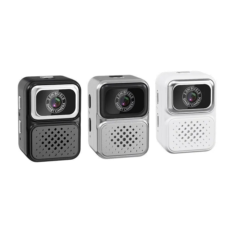 Mini sports camera HD video thumb camera in black plastic body with lens and mode button