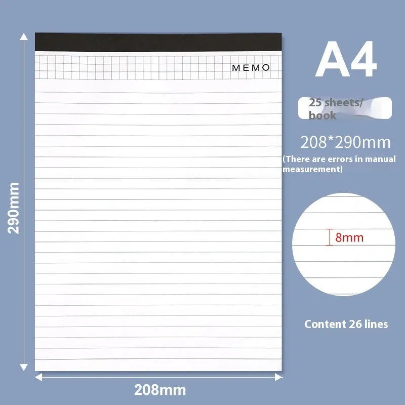 A4 tearable notebook with a paper cover and ivory white grid pages, showing adhesive binding.