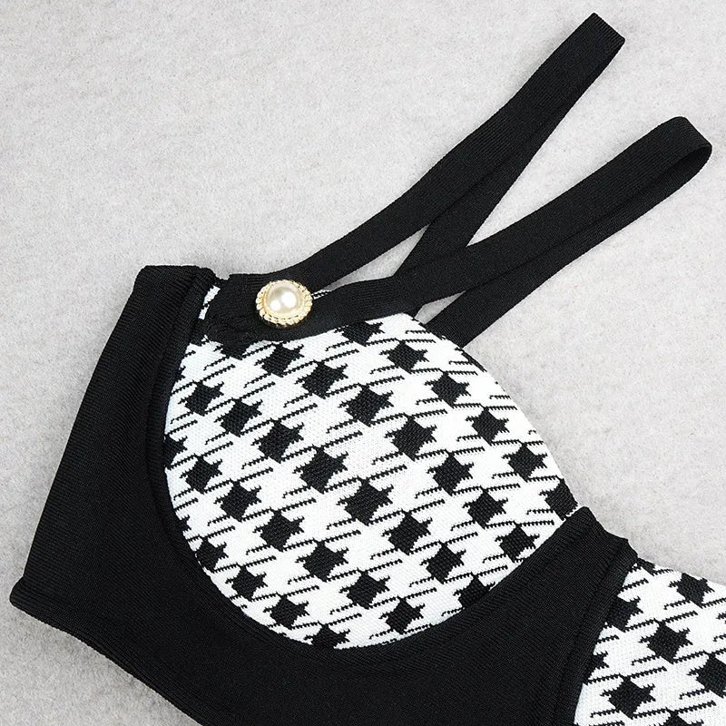 Black houndstooth push-up bandage bikini set with triangle top and split-leg bottom