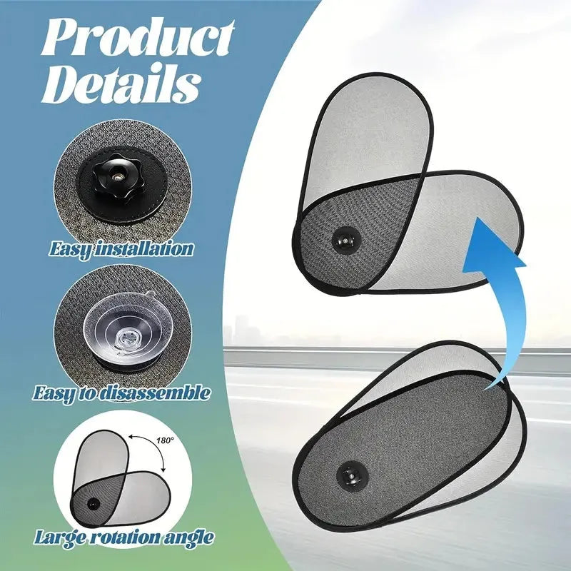 Black stretchy car window shade with suction cups attached to a car side window.