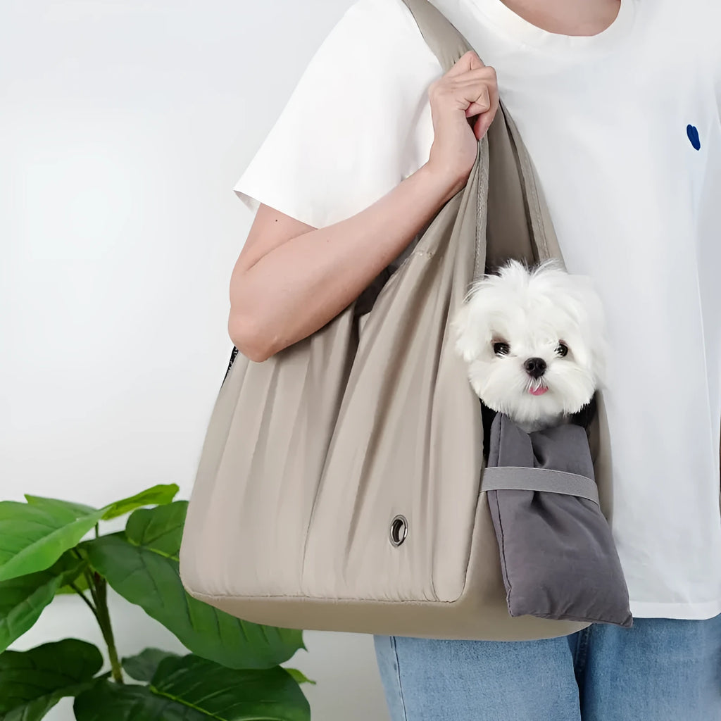 Apricot-coloured cloth pet carrier handbag for small dogs and cats showing medium size