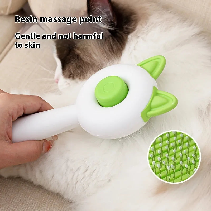 Self-cleaning cat grooming comb with stainless steel pins in greenish white colour