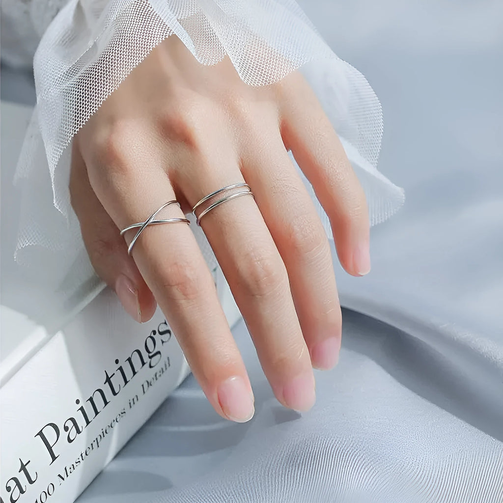 Silver plated geometric cross ring with adjustable opening for women