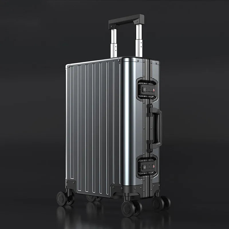 Aluminium-magnesium alloy luggage suitcase with striped pattern and silent spinner wheels