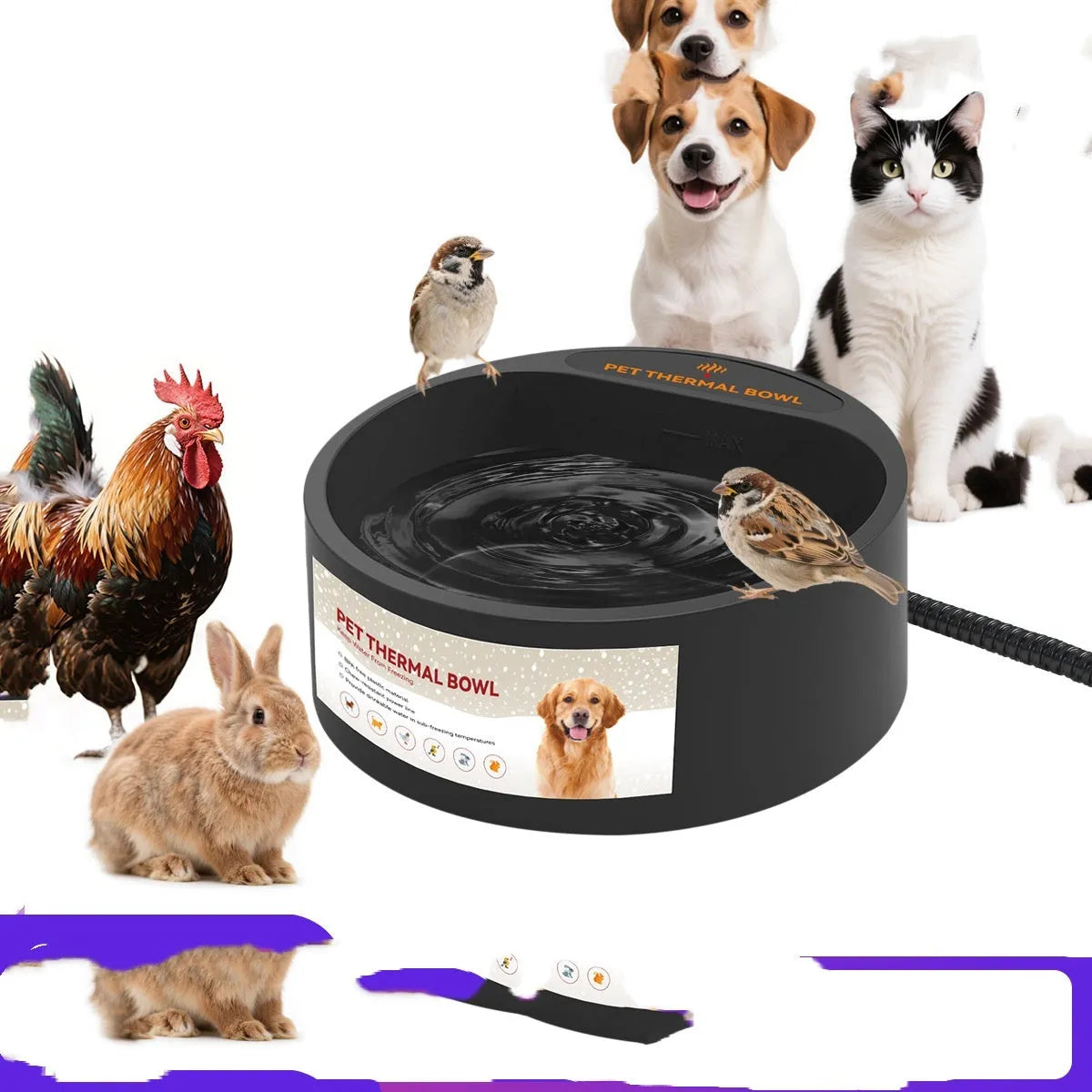 Black ABS electric pet heating bowl with 2.2-litre capacity and UK plug for warming dog or cat food.