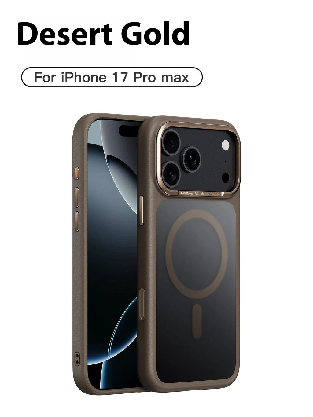 Frosted magnetic protective case for iPhone 17 shown in desert gold colour, displaying textured anti-fingerprint finish.