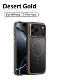 Frosted magnetic protective case for iPhone 17 shown in desert gold colour, displaying textured anti-fingerprint finish.