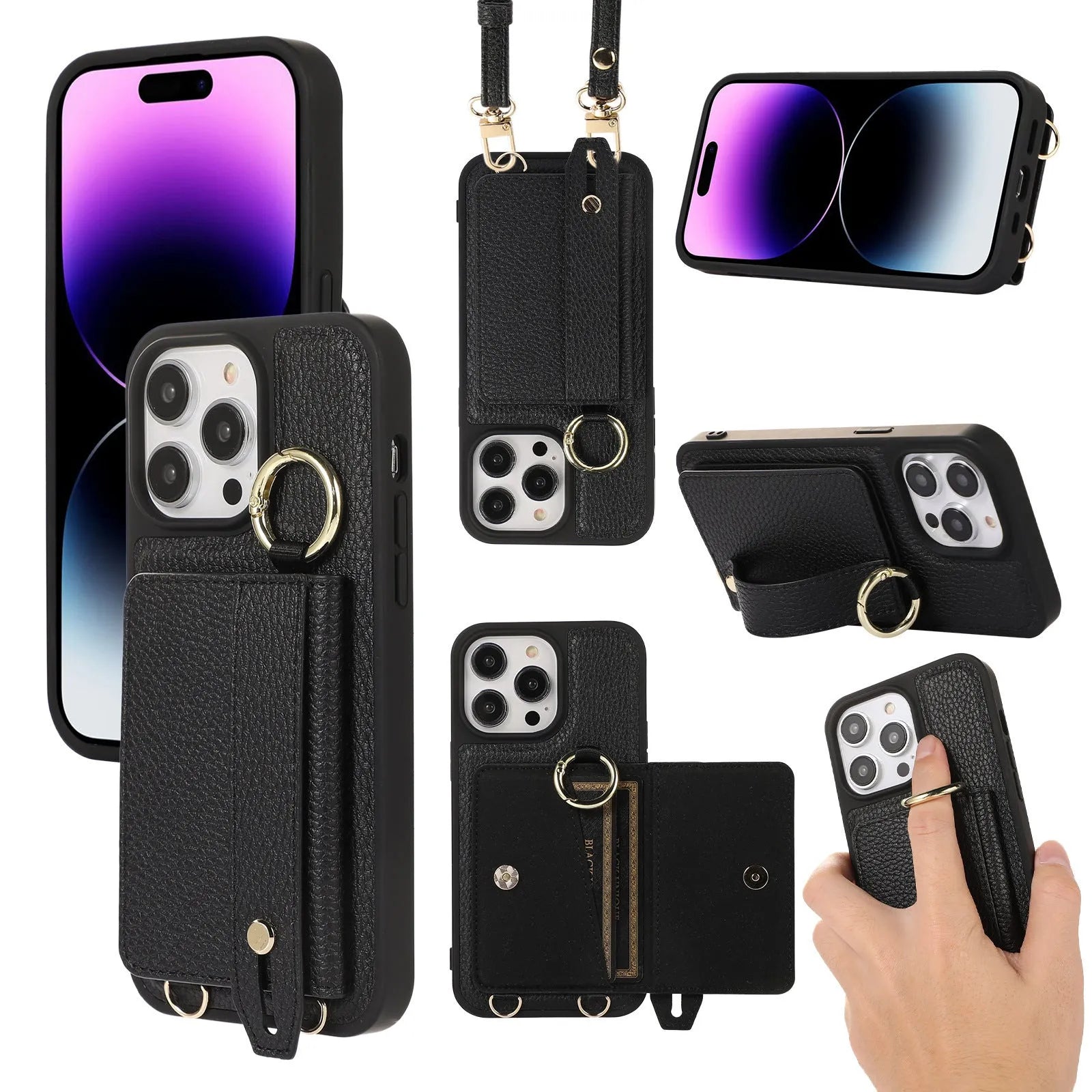 Imitation leather cross-body lanyard phone case with card clamp holder, black colour, compatible with iPhone 14 Pro Max