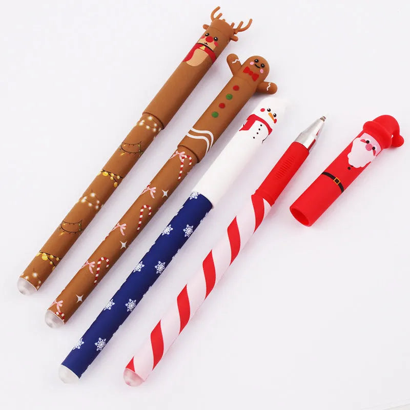 Set of 4 Christmas-themed erasable gel pens with 0.5mm fine tip in red, black, green, and blue