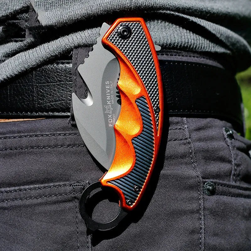 Orange steel handle folding knife with 8.2cm 5CR15MOV blade for camping and tactical use